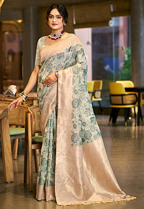 Digital Printed Cotton Silk Saree in Off White and Green