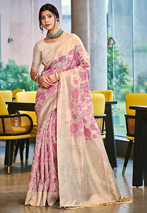Digital Printed Cotton Silk Saree in Off White and Pink