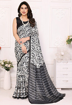 Digital Printed Cotton Silk Saree in Off White