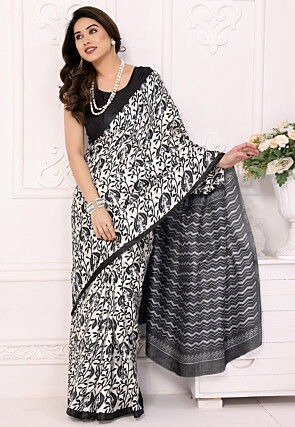 Digital Printed Cotton Silk Saree in Off White