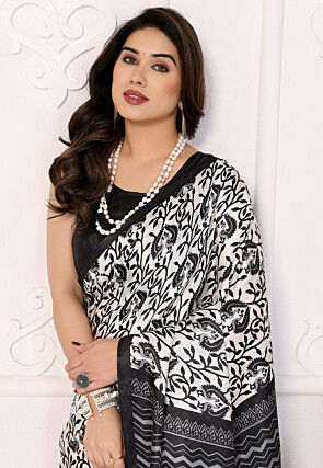 Digital Printed Cotton Silk Saree in Off White