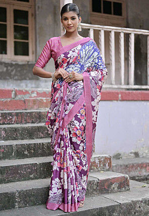 Digital Printed Cotton Silk Saree in Purple