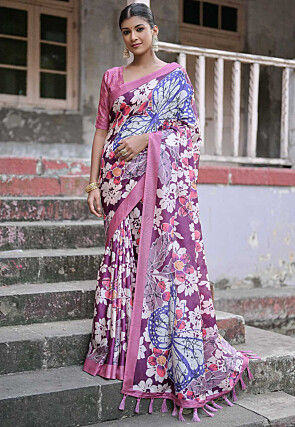 Digital Printed Cotton Silk Saree in Purple