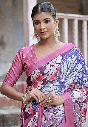 Digital Printed Cotton Silk Saree in Purple