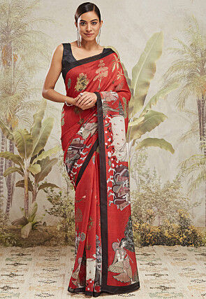 Digital Printed Cotton Silk Saree in Red