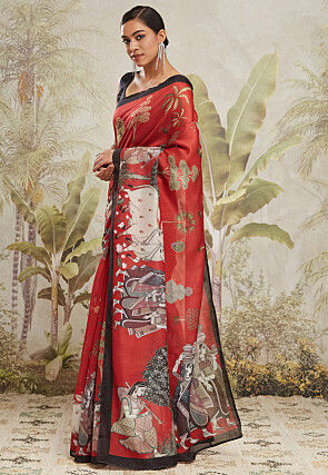Digital Printed Cotton Silk Saree in Red