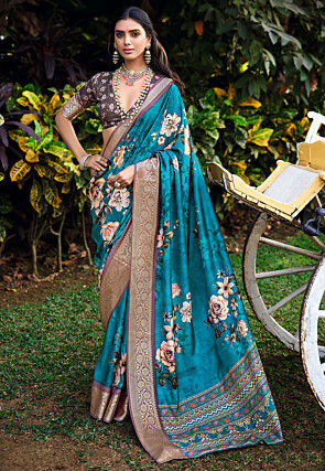 Digital Printed Cotton Silk Saree in Teal Blue