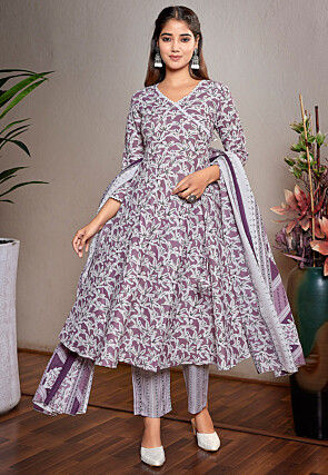 Digital Printed Cotton Slub A Line Suit in Purple