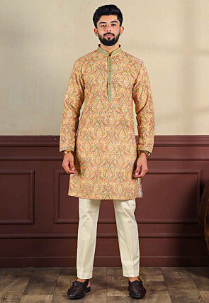 Digital Printed Cotton Slub Kurta Set in Multicolor