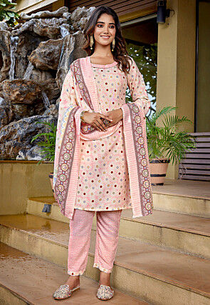 Digital Printed Cotton Slub Pakistani Suit in Baby Pink