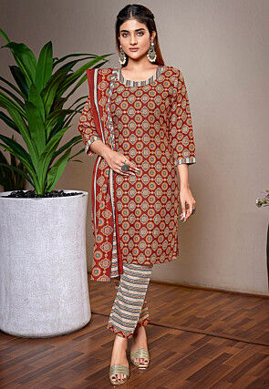 Digital Printed Cotton Slub Pakistani Suit in Brown
