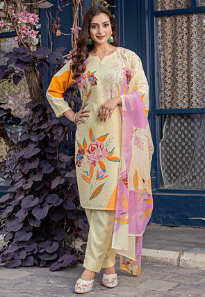 Digital Printed Cotton Slub Pakistani Suit in Cream