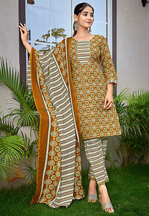 Digital Printed Cotton Slub Pakistani Suit in Mustard