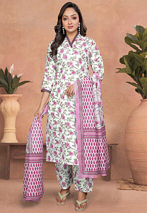 Digital Printed Cotton Slub Pakistani Suit in Off White
