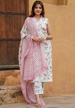 Digital Printed Cotton Slub Pakistani Suit in Off White
