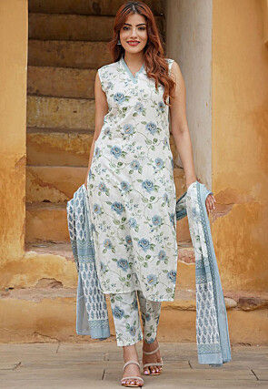 Digital Printed Cotton Slub Pakistani Suit in Off White