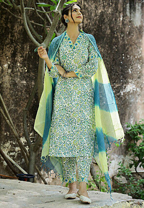 Digital Printed Cotton Slub Pakistani Suit in Off White