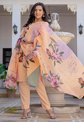 Digital Printed Cotton Slub Pakistani Suit in Peach