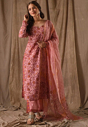 Digital Printed Cotton Slub Pakistani Suit in Peach