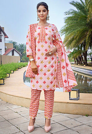 Digital Printed Cotton Slub Pakistani Suit in Pink