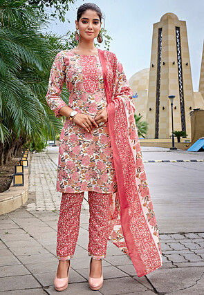 Digital Printed Cotton Slub Pakistani Suit in Pink