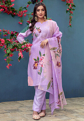 Digital Printed Cotton Slub Pakistani Suit in Purple