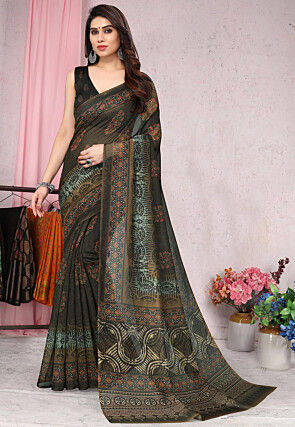 Digital Printed Cotton Slub Saree in Brown