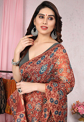 Digital Printed Cotton Slub Saree in Maroon
