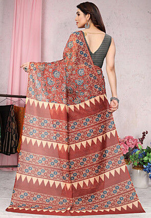 Digital Printed Cotton Slub Saree in Maroon