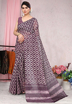 Digital Printed Cotton Slub Saree in Wine