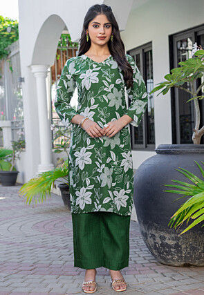 Digital Printed Cotton Slub Straight Kurta Set in Green