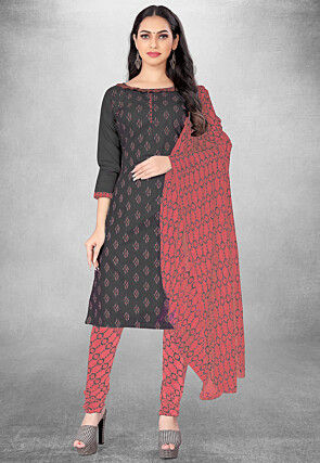 Digital Printed Cotton Slub Straight Suit in Dark Grey