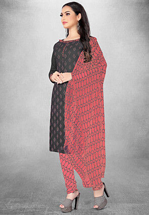 Digital Printed Cotton Slub Straight Suit in Dark Grey