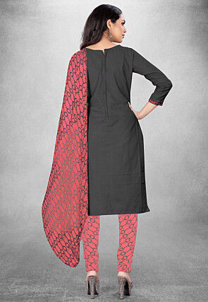 Digital Printed Cotton Slub Straight Suit in Dark Grey