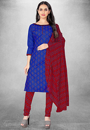 Digital Printed Cotton Slub Straight Suit in Royal Blue