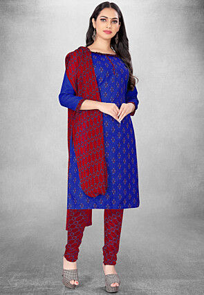 Digital Printed Cotton Slub Straight Suit in Royal Blue
