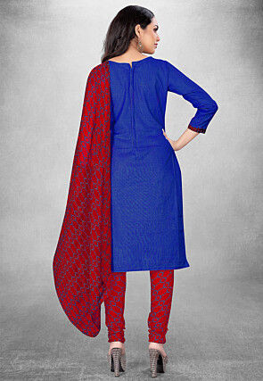 Digital Printed Cotton Slub Straight Suit in Royal Blue