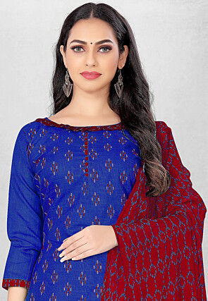 Digital Printed Cotton Slub Straight Suit in Royal Blue