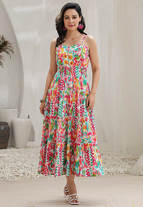 Digital Printed Cotton Slub Tiered Dress in Multicolor
