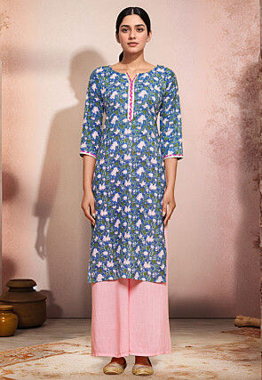 Digital Printed Cotton Straight Kurta in Blue