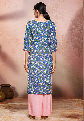 Digital Printed Cotton Straight Kurta in Blue