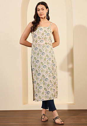 Digital Printed Cotton Straight Kurta in Cream