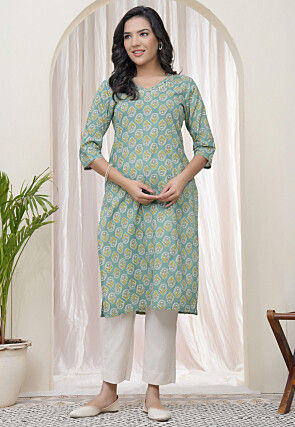 Digital Printed Cotton Straight Kurta in Dusty Green