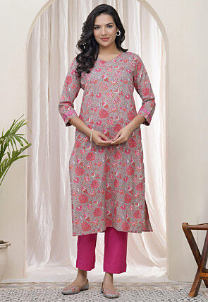 Digital Printed Cotton Straight Kurta in Fawn