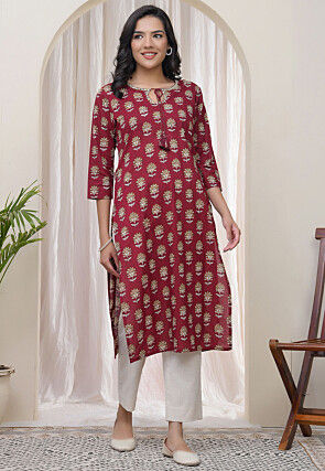 Digital Printed Cotton Straight Kurta in Maroon