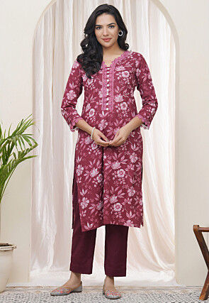 Digital Printed Cotton Straight Kurta in Maroon