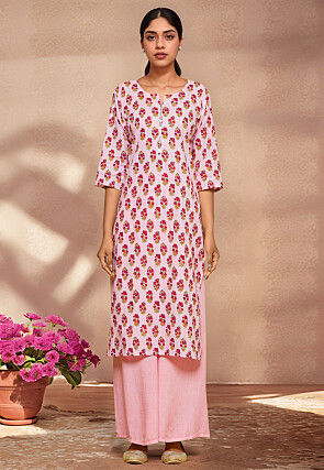 Digital Printed Cotton Straight Kurta in Pink