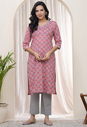 Digital Printed Cotton Straight Kurta in Pink