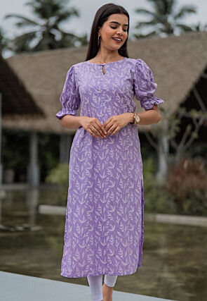 Digital Printed Cotton Straight Kurta in Purple