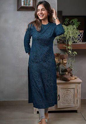 Digital Printed Cotton Straight Kurta in Teal Blue